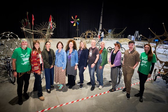 Culture Lead for Liverpool City Region Combined Authority Sarah Lovel (centre) with Imagine Bamboo is Everywhere Creative Director Orit Azaz (5th from left) joined by Liverpool Cllr Harry Doyle (2nd from right), project artists and contributors.