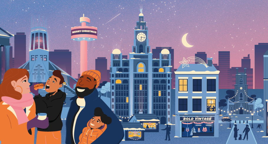 A graphic illustration of landmarks in liverpool at christmas.