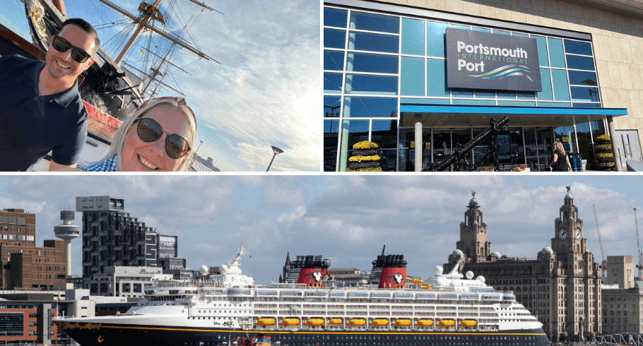 Three images, one of two people taking a selfie in front of a boat, portsmouth International Port and a large disney cruise ship.