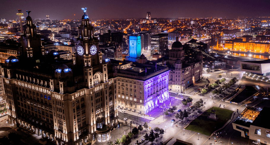 Liverpool Waterfront taken from a drone shot at night.