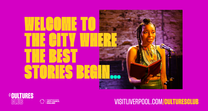 'Welcome to the city where the best stories begin' - a girl holds a book in front of her and looks ahead. The text is yellow on a pink background.