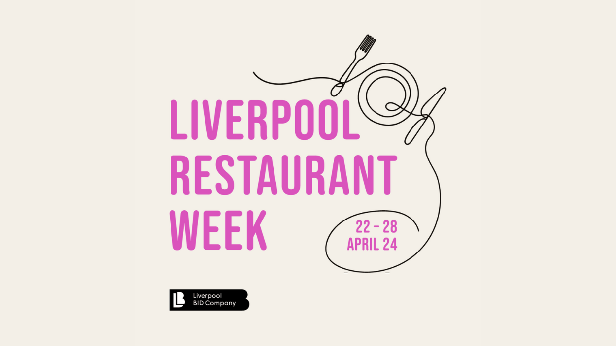 an illustration of a plate next to Liverpool Restaurant week written in pink letters.