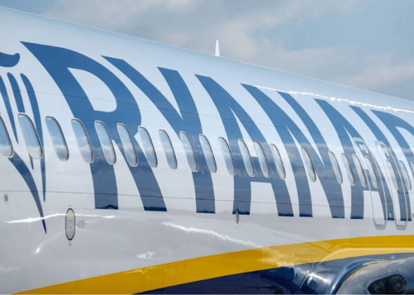 The side of a Ryanair plane.
