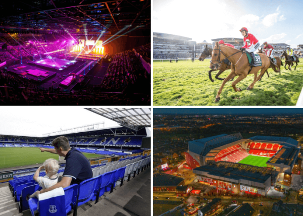 Four photos of sport events in Liverpool including M&S Bank Arena, The Grand National, Goodison Park, Anfield Stadium