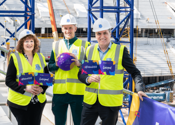 From left, Theresa Grant, interim chief executive of Liverpool City Council, Jordan Pickford, Everton and England goalkeeper, and Steve Rotheram, Mayor of the Liverpool City Region.
