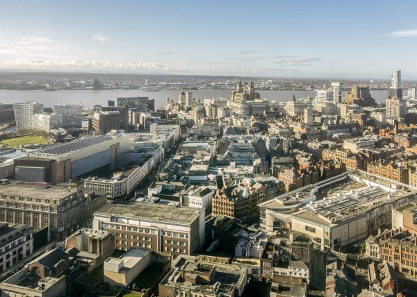 A shot of the Liverpool city centre from the sky.